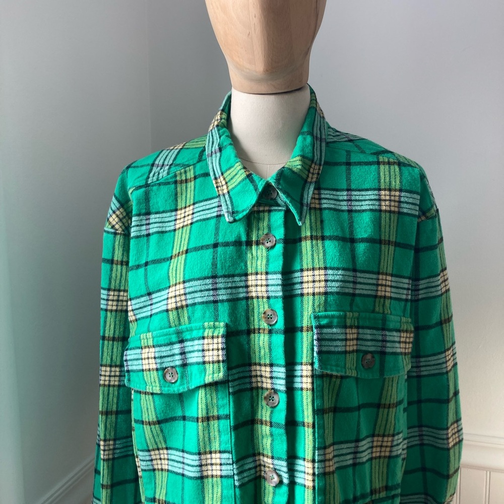 Good American Teal Checkered Button-Down Shirt